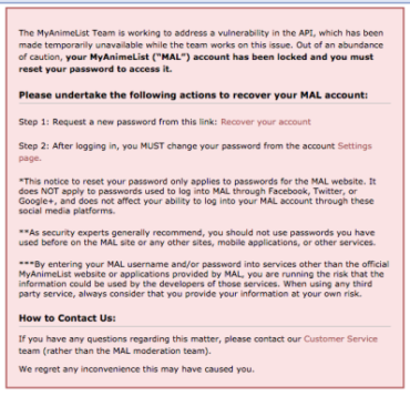 MyAnimeList Website Offline After a Breach, Undergoing Emergency