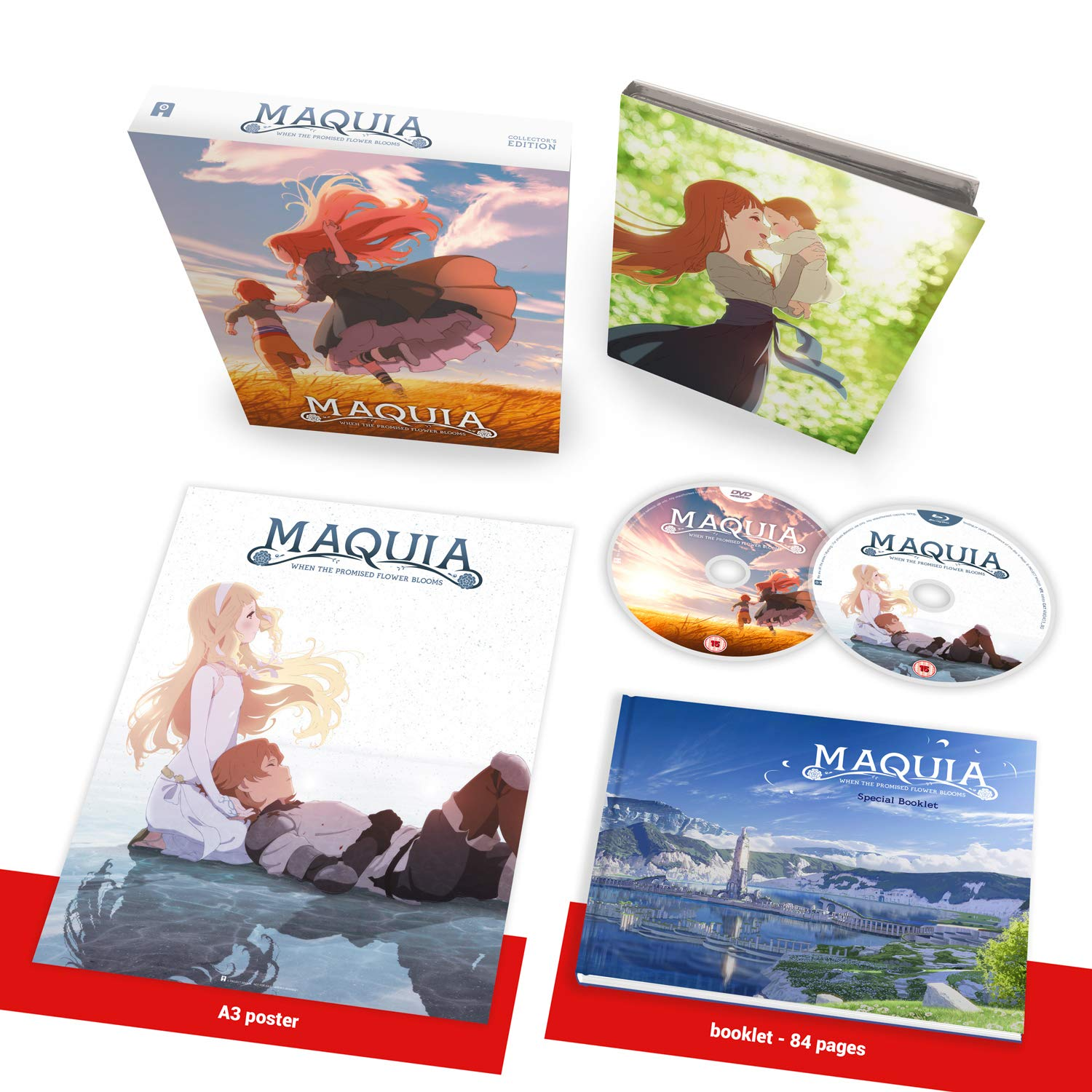 The Maquia Collector's Edition, featuring a digipack, an A3 replication of the theatrical poster, and a hardcover art book, contained in a rigid box.