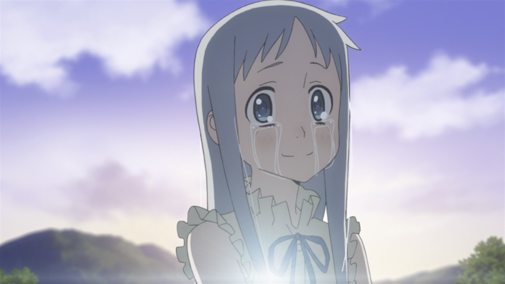 Menma from Anohana, with tears streaming from her eyes as she stands against the sunrise.