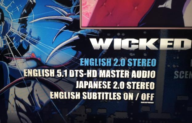 A photograph of the Wicked City Blu-ray language options, which features English 2.0 and 5.1 audio tracks, but only one English dub.