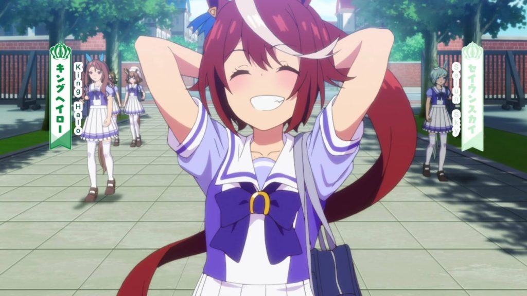 Tokai Teio from the anime Uma Musume: Pretty Derby. A young high school girl, with a big smile as she holds her hands behind her head. She has long, red hair with a white fringe at the front.