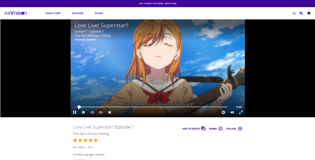 A screenshot of Funimation's website, showing episode 1 of Love Live Superstar playing.