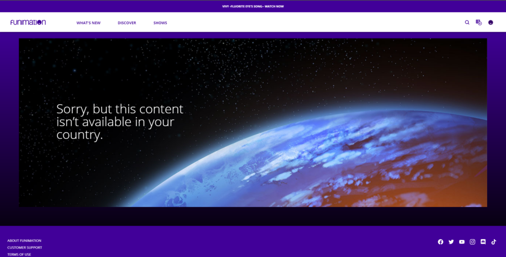A screenshot from Funimation's website, showing that trying to access Love Live Superstar now results in a region blocking message