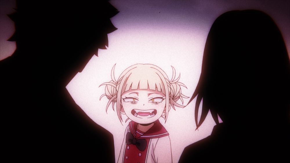 Toga from My Hero Academia as a young child. She still has that creepy, large grin that is associated with her unhinged personality.