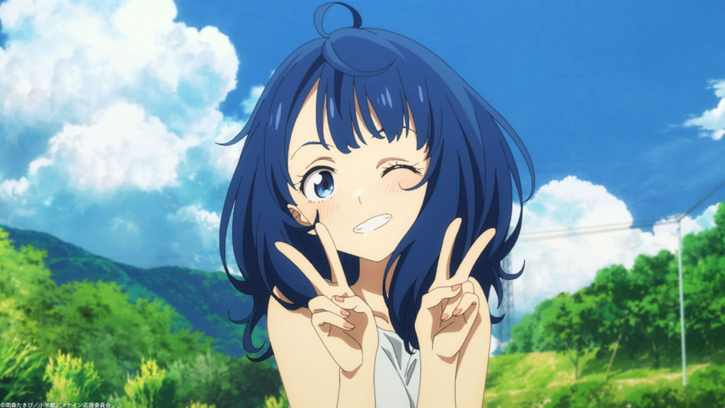 Anna, a blue haired girl from Makeine, raising her hands in peace signs as she strikes a cute pose