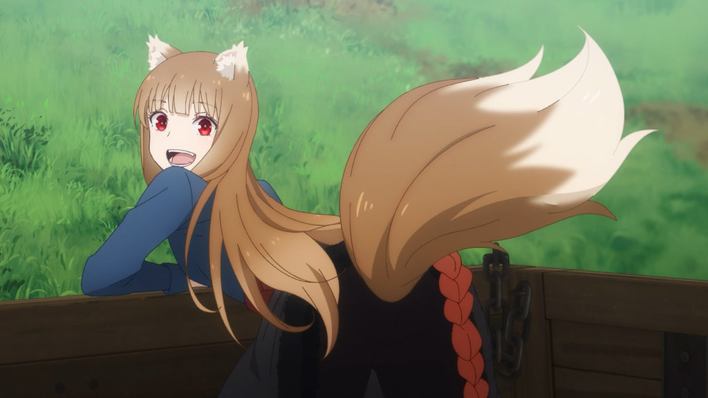 Holo from Spice and Wolf. A woman sat in the back of a wooden cart, with pointed canine ears and a bushy wolf's tail.