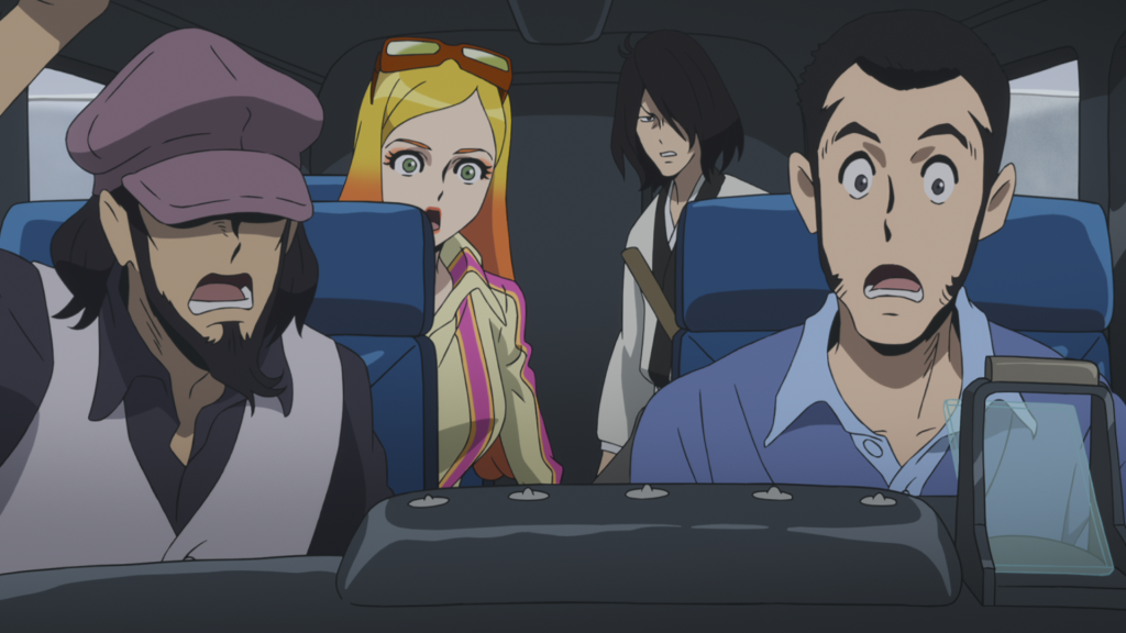 A still from the movie showing the inside of a helicopter, and the four main characters: Lupin and Jigen in the front, with Fujiko and Goemon in the back.